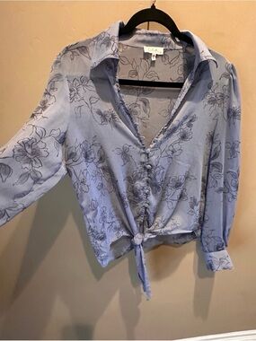 Celeste Pale Blue Floral Button-Tie Blouse